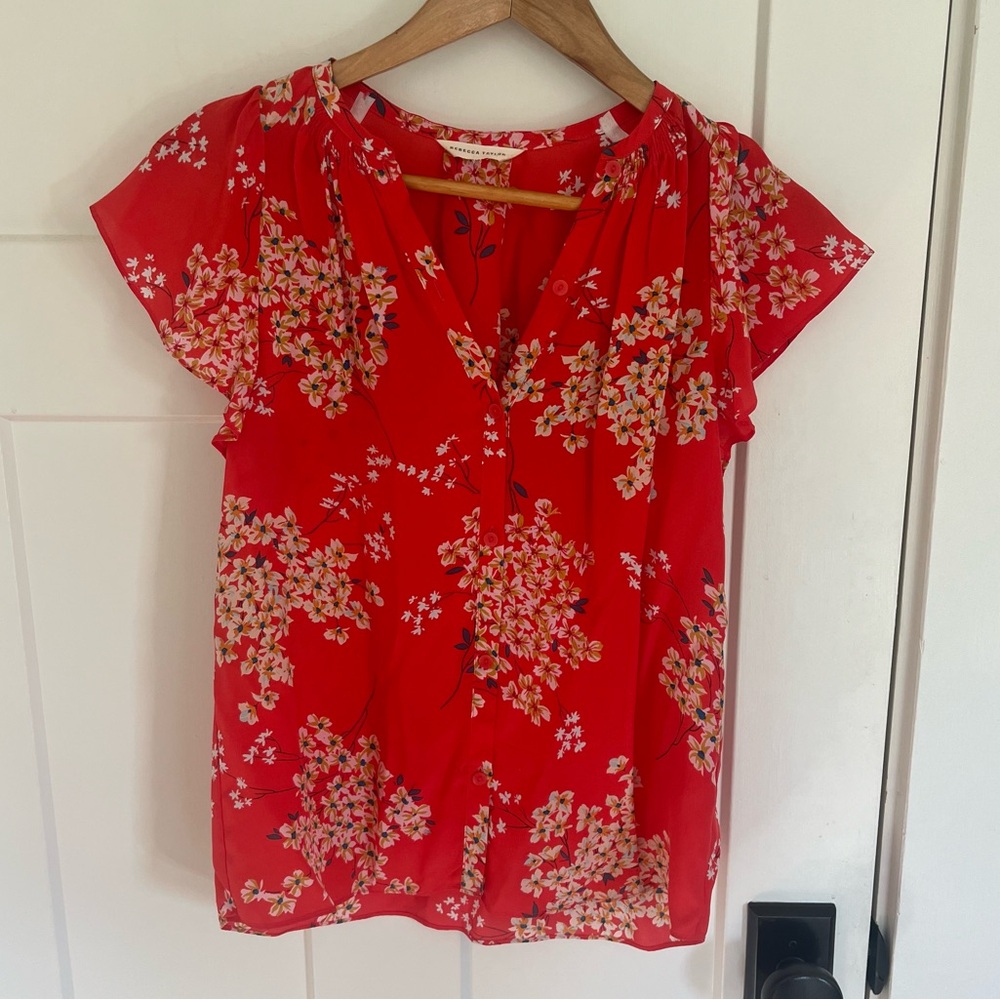 Rebecca Taylor Red Floral Short-Sleeve Blouse